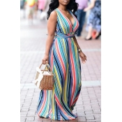 Lovely Casual V Neck Striped Backless Baby Blue Fl