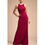 Lovely Elegant O Neck Hollow-out Wine Red Floor Le