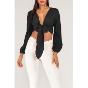 Lovely Casual V Neck Black Blouse