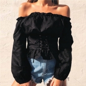 Lovely Stylish Off The Shoulder Lace-up Black Blou