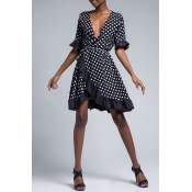 Lovely Sweet V Neck Dot Printed Ruffle Asymmetrica