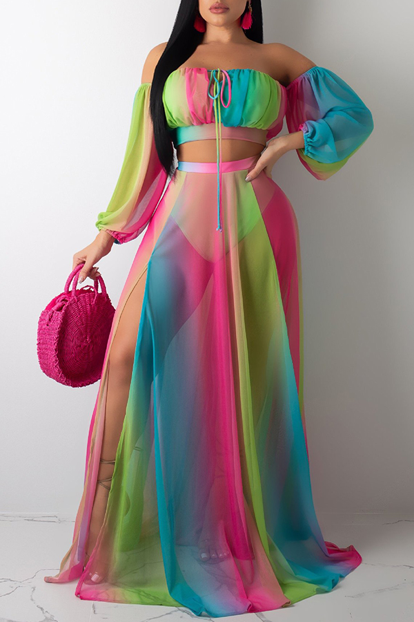 

Lovely Sexy Off The Shoulder See-through Cyan Two-piece Skirt Set