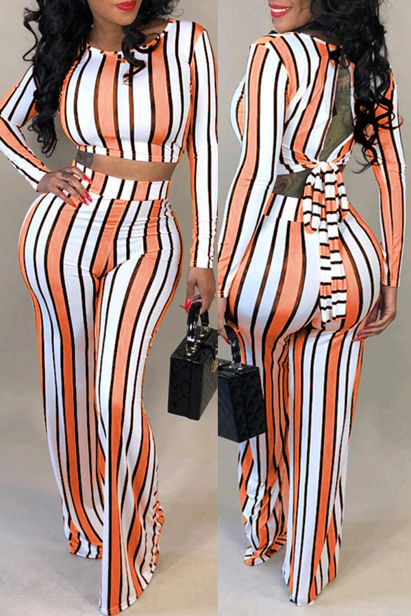 

Lovely Stylish O Neck Striped Multicolor Two-piece Pants Set, Multi