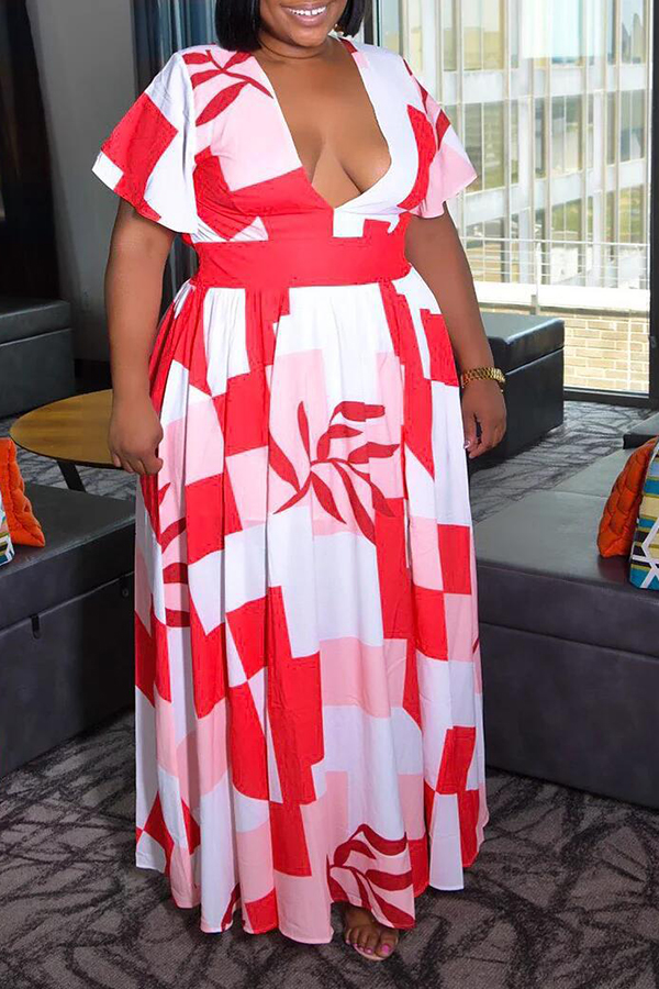 

Lovely Bohemian Deep V Neck Print Pink Ankle Length Plus Size Dress