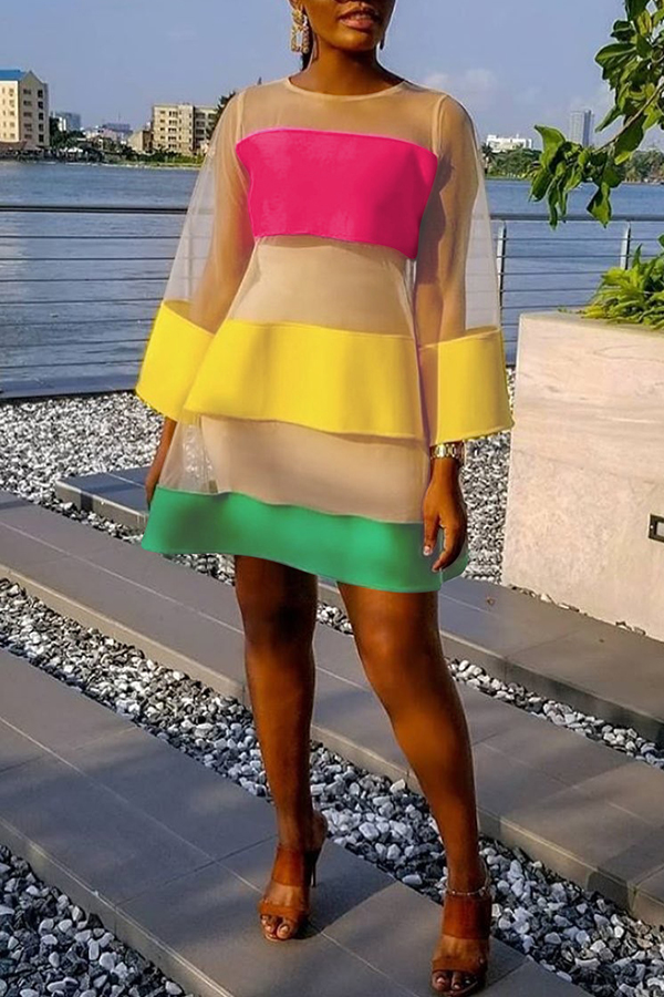 Lovely Casual O Neck Gauze Striped Patchwork Multicolor Mini A Line Dress
