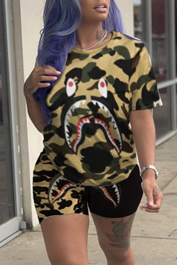 Lovely Casual Camouflage Printed Yellow Two-piece Shorts Set