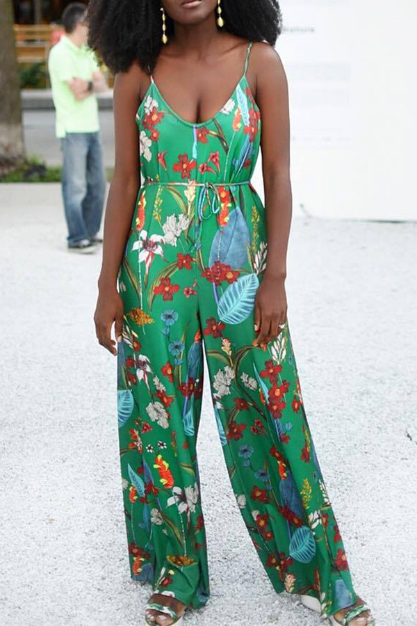 

Lovely Stylish V Neck Spaghetti Straps Printed Green One-piece Jumpsuit