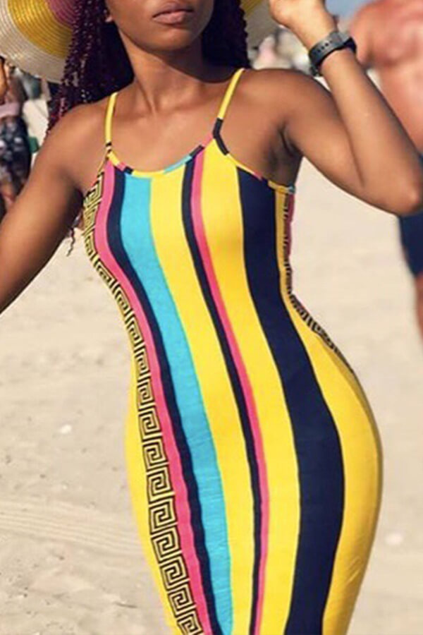 

LW Chic Striped Skinny Yellow Knee Length Dress