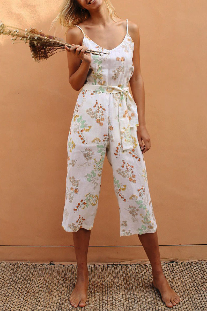 

Lovely Spaghetti Straps Printed White One-piece Jumpsuit