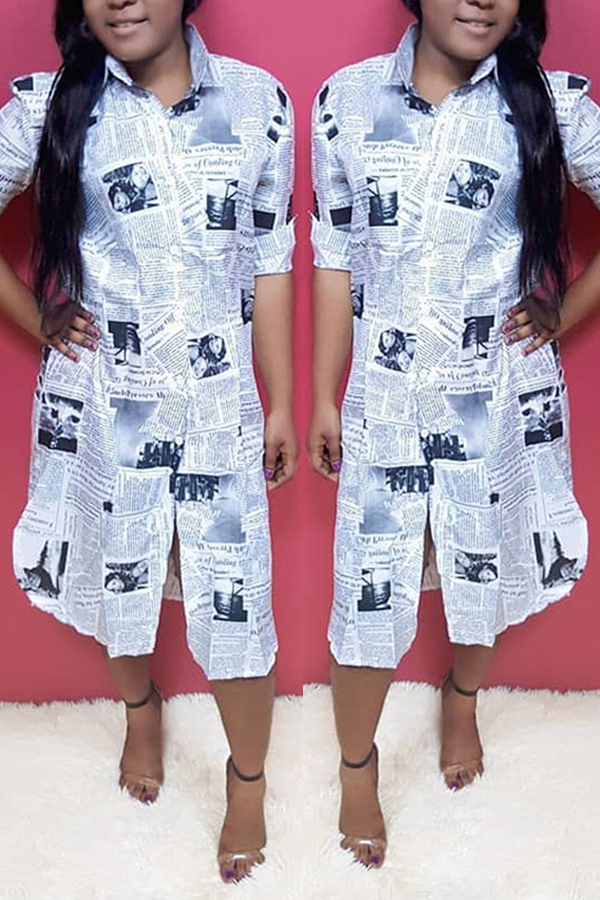 Lovely Stylish Letter Printed White Mid Calf A Line Dress
