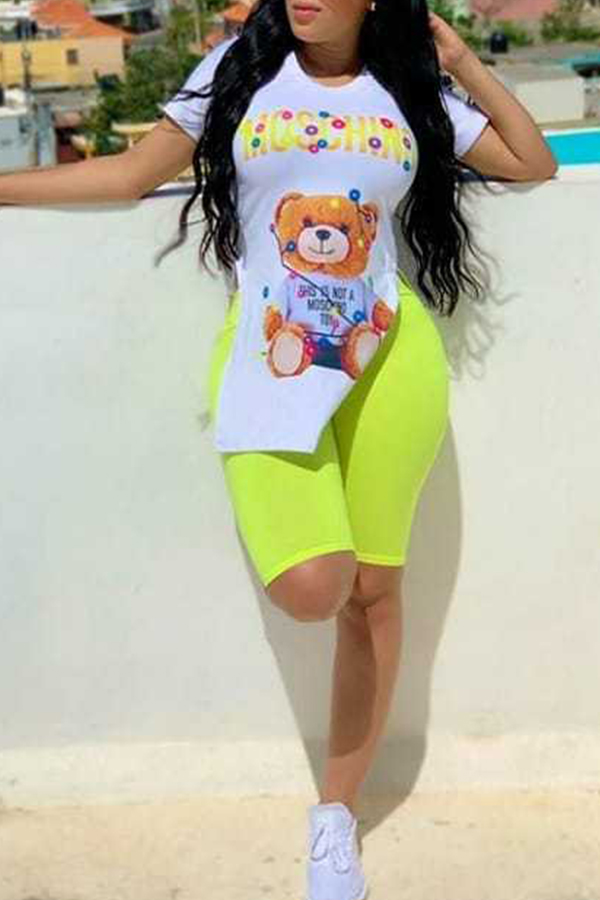 Lovely Casual O Neck Printed Green Two-piece Shorts Set