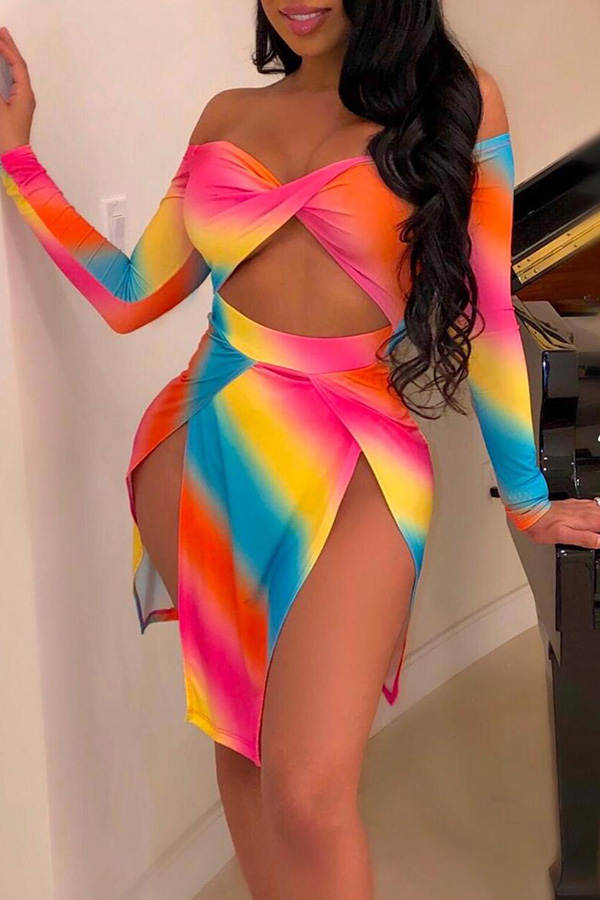 

Lovely Sexy Off The Shoulder Side Split Multicolor Mini Dress, Multi