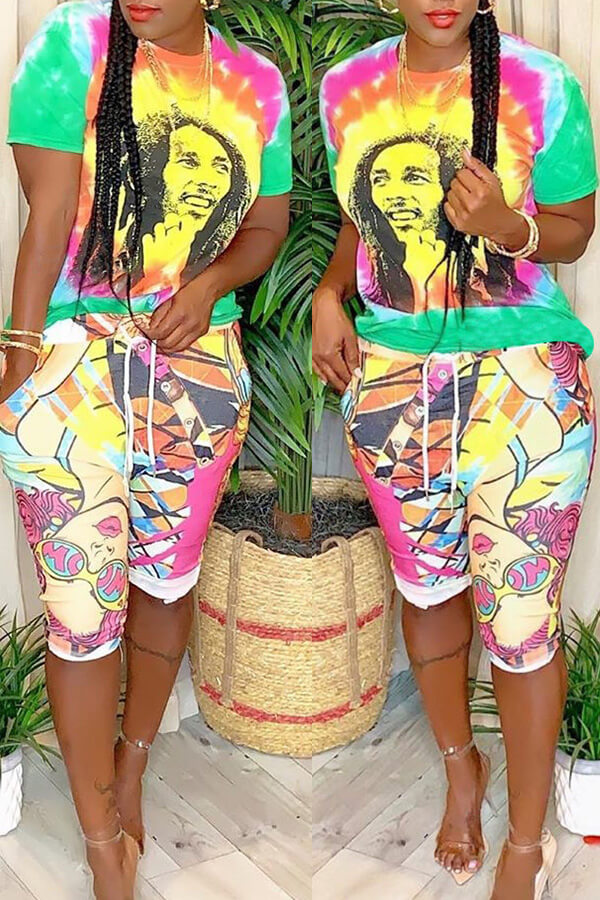 

Lovely Casual O Neck Printed Multicolor Two-piece Shorts Set, Multi