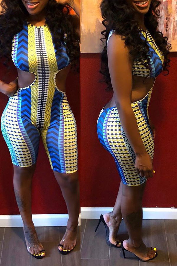 

Lovely Sexy Printed Hollow-out Blue One-piece Romper