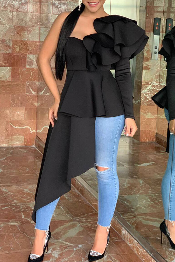 Lovely Trendy One Shoulder Flounce Design Black Blouse