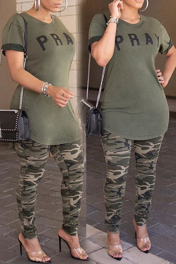 

Lovely Casual Letter Printed Olive T-shirt