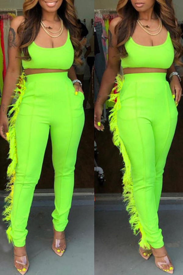 

Lovely Casual U Neck Spaghetti Straps Tassel Design Green Two-piece Pants Set