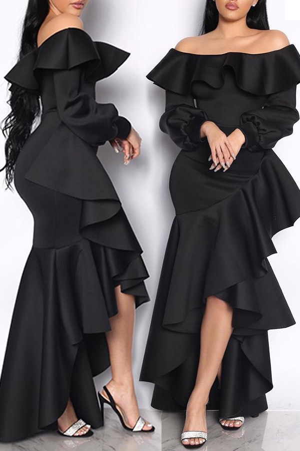 

Lovely Sweet Off The Shoulder Flounce Design Black Ankle Length Dress
