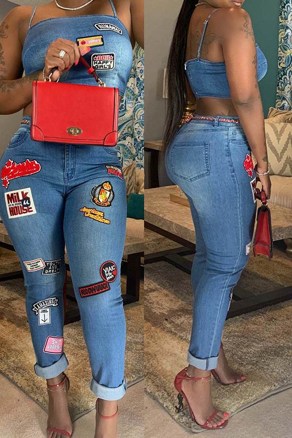 

Lovely Casual Spaghetti Straps Sleeveless Blue Denim Two-piece Pants Set