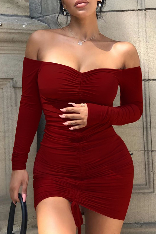 

Lovely Sexy Dew Shoulder Wine Red Mini Dress