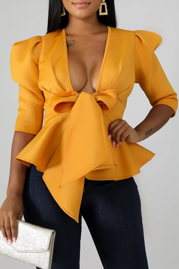 

Lovely Trendy Flounce Design Bow-Tie Yellow Blouse