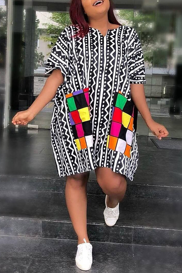 

Lovely Casual Geometric Printed Black Knee Length Plus Size Dress