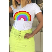 Lovely Casual O Neck Rainbow Printed White T-shirt
