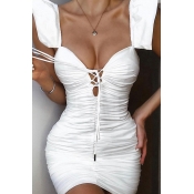 Lovely Sexy V Neck Lace-up Hollow-out White Mini D