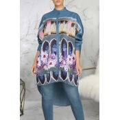 Lovely Casual Printed Asymmetrical Blue Blouse