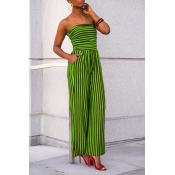 Lovely Casual Off The Shoulder Striped Green One-p