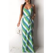 Lovely Casual U Neck Spaghetti Straps Striped Gree