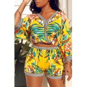 Lovely Bohemian V Neck Printed Yellow Two-piece Sh