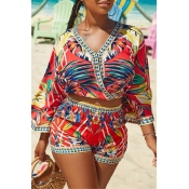 Lovely Bohemian V Neck Printed Red Two-piece Short