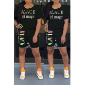 LW Casual O Neck Letter Printed Black Two-piece Sh
