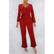 Lovely Work V Neck Lace-up Red One-peice Jumpsuit