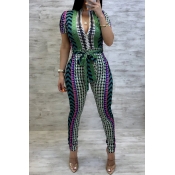 Lovely Sexy V Neck Printed Lace-up Green One-piece
