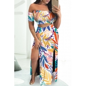 Lovely Casual Slit Printed Orange Two-piece Skirt 