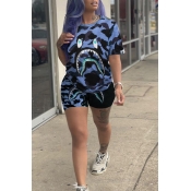 Lovely Casual Camouflage Printed Blue Two-piece Sh