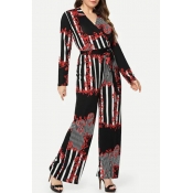 Lovely Casual Striped Red Plus Size One-piece Jump