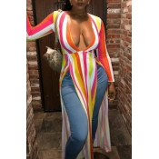 Lovely Sexy Deep V Neck Striped Multicolor Blouse