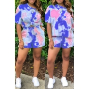 Lovely Casual Tie-dye Blue Two-piece Shorts Set