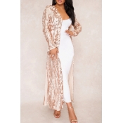 Lovely Casual See-through Apricot Sequined Long Co