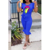 Lovely Trendy Lip Printed Blue One-piece Romper