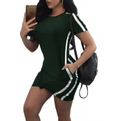 Lovely Casual O Neck Patchwork Green Mini Dress