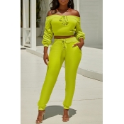 Lovely Casual Dew Shoulder Drawstring Yellow Two-p