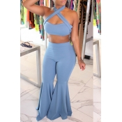 Lovely Trendy Sleeveless Blue Flared Two-piece Pan