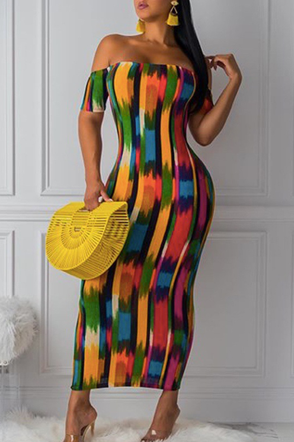 

Lovely Casual Dew Shoulder Multicolor Ankle Length Dress, Multi