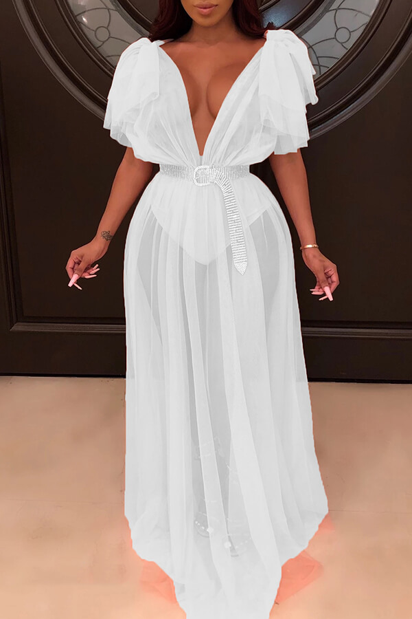 

Lovely Sexy See-through White Floor Length Dress(Without Belt