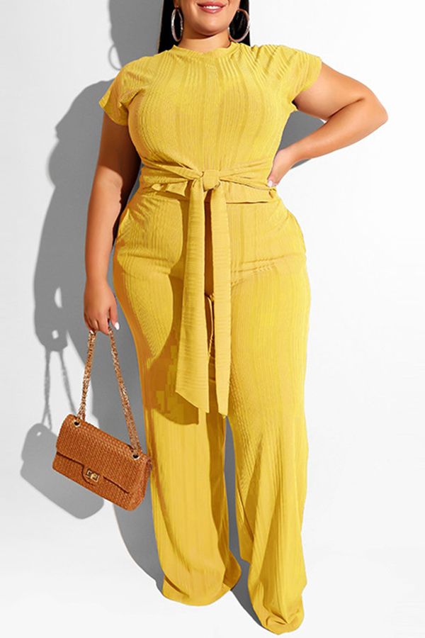 Lovely Casual Knot Design Deep Yellow Plus Size Two-piece Pants ...