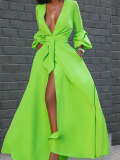LW Casual V Neck Buttons Design Green Floor Length Dress